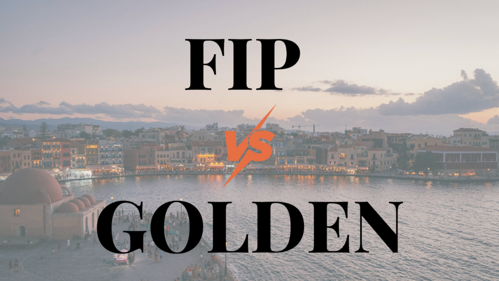 Graphic text overlay stating "FIP vs GOLDEN" over a blurred coastal city view of Chania.
