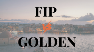 Graphic text overlay stating "FIP vs GOLDEN" over a blurred coastal city view of Chania.