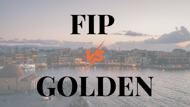 Graphic text overlay stating "FIP vs GOLDEN" over a blurred coastal city view of Chania.